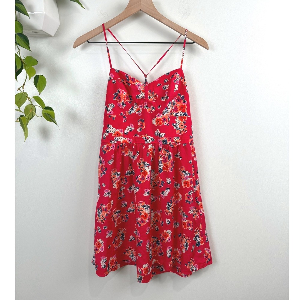 American Eagle Red Floral Mini Dress Fit Flare Smocked Pockets 10 Boho Indie